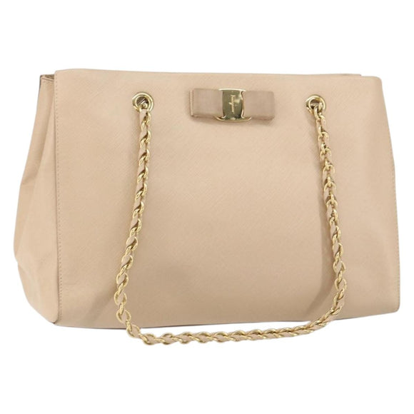 Salvatore Ferragamo Shoulder Bag Leather Gold Beige Auth ka111