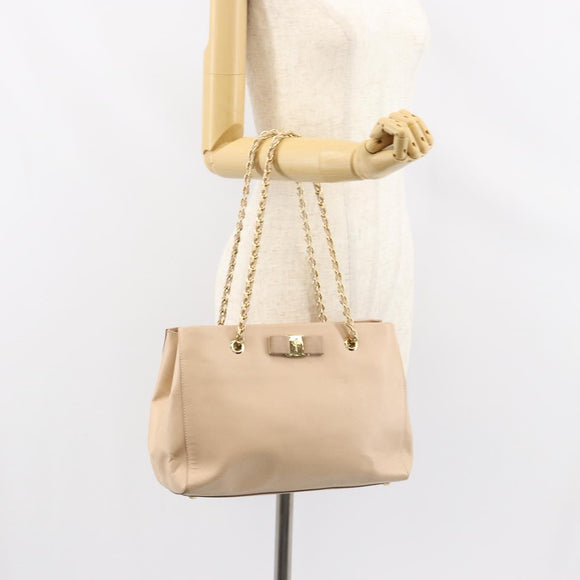 Salvatore Ferragamo Shoulder Bag Leather Gold Beige Auth ka111