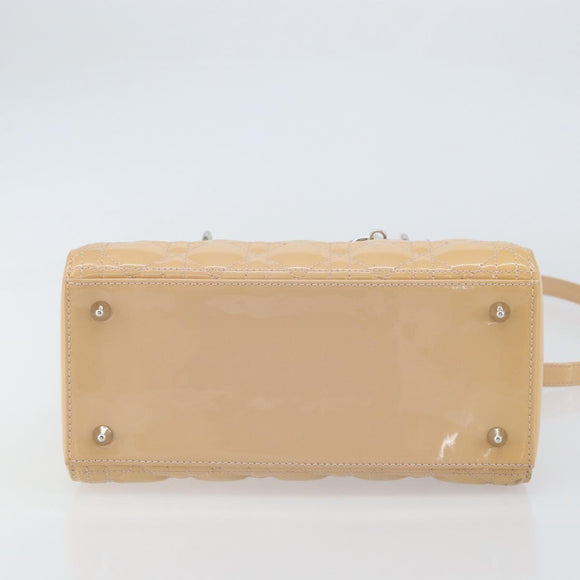 Christian Dior Lady Dior Canage Hand Bag Patent 2way Beige Silver Auth ka1144