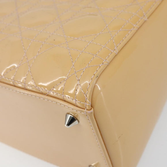 Christian Dior Lady Dior Canage Hand Bag Patent 2way Beige Silver Auth ka1144