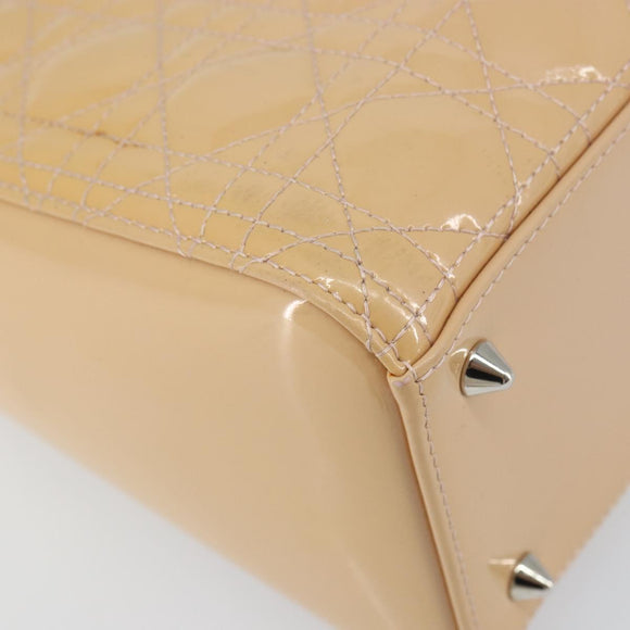 Christian Dior Lady Dior Canage Hand Bag Patent 2way Beige Silver Auth ka1144