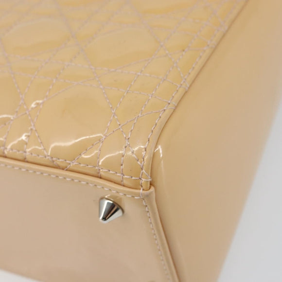 Christian Dior Lady Dior Canage Hand Bag Patent 2way Beige Silver Auth ka1144
