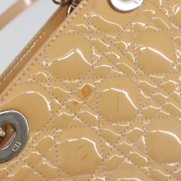 Christian Dior Lady Dior Canage Hand Bag Patent 2way Beige Silver Auth ka1144