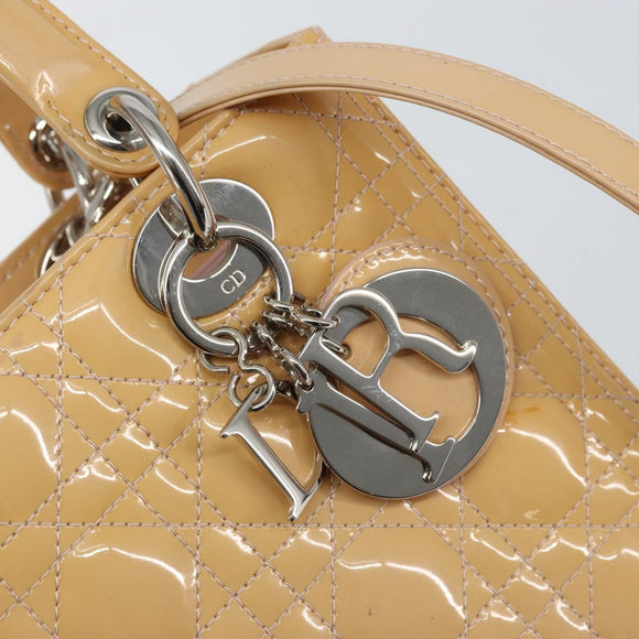 Christian Dior Lady Dior Canage Hand Bag Patent 2way Beige Silver Auth ka1144