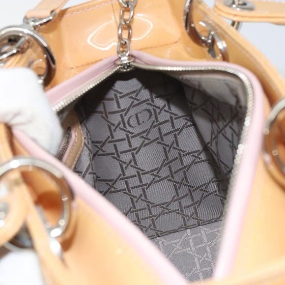 Christian Dior Lady Dior Canage Hand Bag Patent 2way Beige Silver Auth ka1144