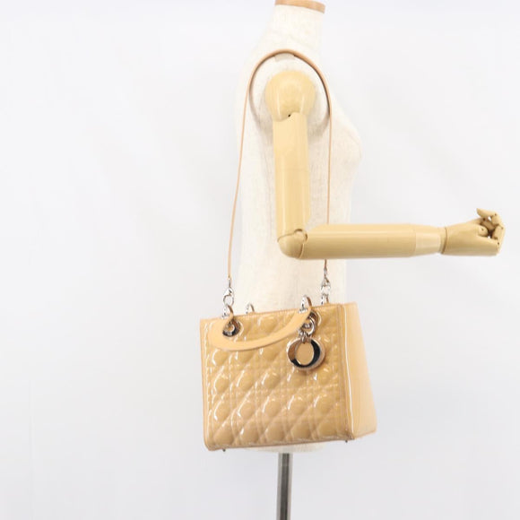 Christian Dior Lady Dior Canage Hand Bag Patent 2way Beige Silver Auth ka1144