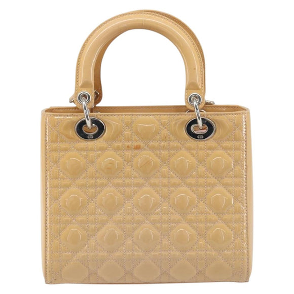 Christian Dior Lady Dior Canage Hand Bag Patent 2way Beige Silver Auth ka1144