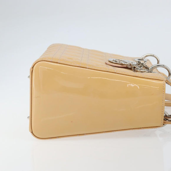 Christian Dior Lady Dior Canage Hand Bag Patent 2way Beige Silver Auth ka1144