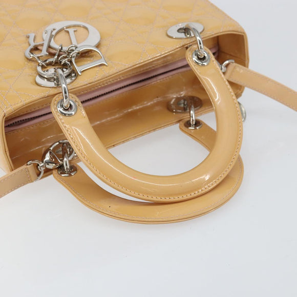 Christian Dior Lady Dior Canage Hand Bag Patent 2way Beige Silver Auth ka1144