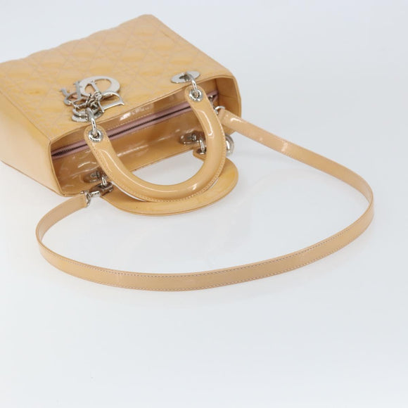 Christian Dior Lady Dior Canage Hand Bag Patent 2way Beige Silver Auth ka1144