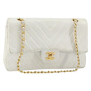 CHANEL V Stitch Double Flap Chain Shoulder Bag Leather White Gold CC Auth ka1147-1
