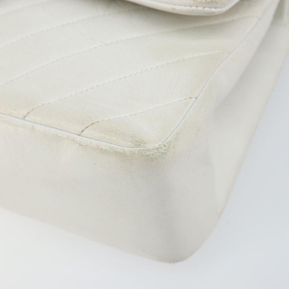 CHANEL V Stitch Double Flap Chain Shoulder Bag Leather White Gold CC Auth ka1147