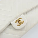 CHANEL V Stitch Double Flap Chain Shoulder Bag Leather White Gold CC Auth ka1147-18