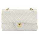 CHANEL V Stitch Double Flap Chain Shoulder Bag Leather White Gold CC Auth ka1147-13