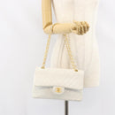 CHANEL V Stitch Double Flap Chain Shoulder Bag Leather White Gold CC Auth ka1147-25