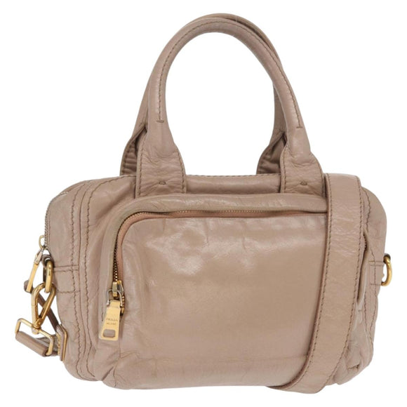 PRADA Hand Bag Leather 2way Beige Gold Auth ka1158