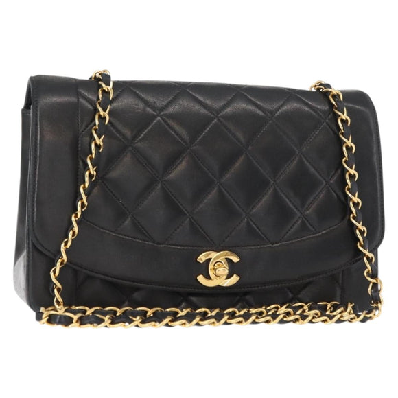CHANEL Matelasse Chain Diana Shoulder Bag Lamb Skin Black Gold CC Auth ka115V