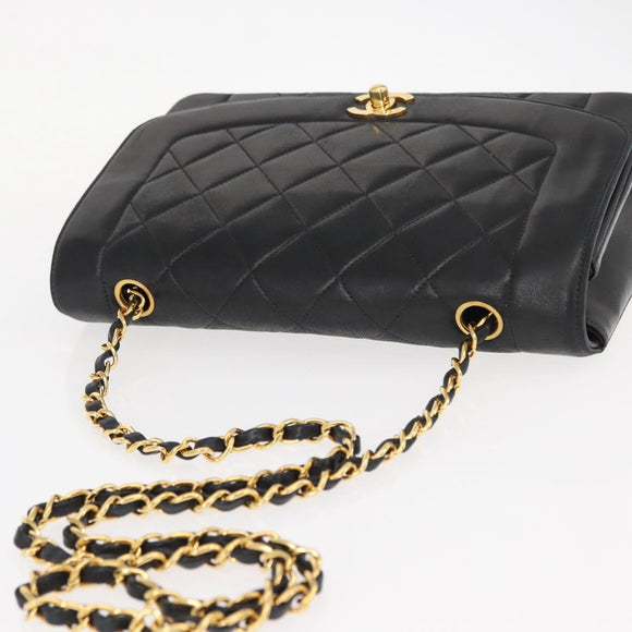 CHANEL Matelasse Chain Diana Shoulder Bag Lamb Skin Black Gold CC Auth ka115V