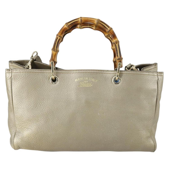 GUCCI Bamboo Hand Bag Leather 2way Beige Gold 323660 Auth ka1163