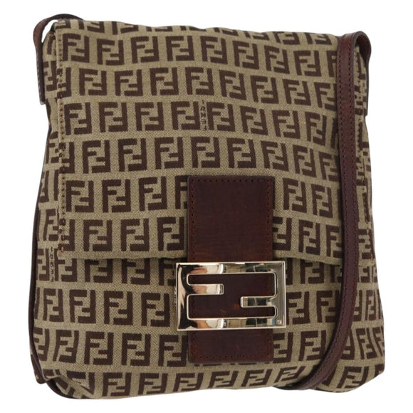 FENDI Zucchino Canvas Shoulder Bag Beige Gold Auth ka118