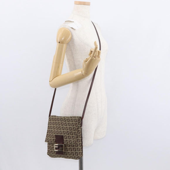 FENDI Zucchino Canvas Shoulder Bag Beige Gold Auth ka118