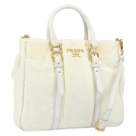 PRADA Hand Bag Nylon 2way White Gold Auth ka1185