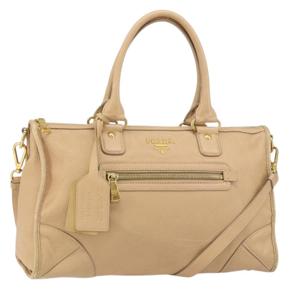 PRADA Hand Bag Leather 2way Beige Gold Auth ka1190