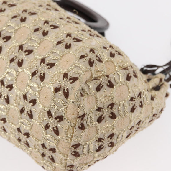 PRADA Bow Crockett Hand Bag Canvas Beige Gold Auth ka121