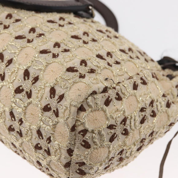 PRADA Bow Crockett Hand Bag Canvas Beige Gold Auth ka121