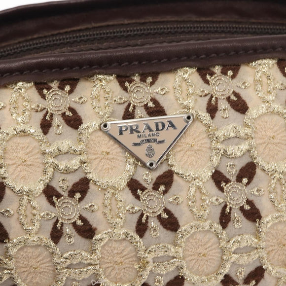 PRADA Bow Crockett Hand Bag Canvas Beige Gold Auth ka121