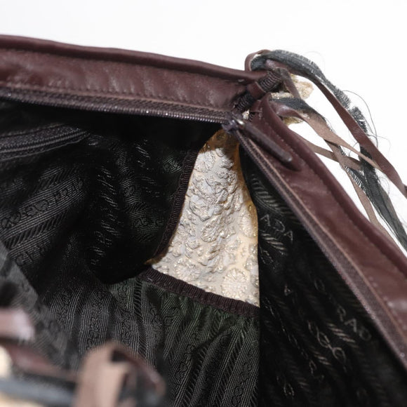 PRADA Bow Crockett Hand Bag Canvas Beige Gold Auth ka121