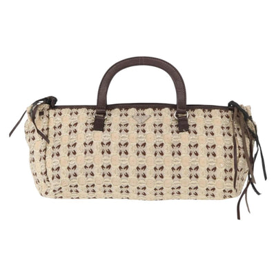 PRADA Bow Crockett Hand Bag Canvas Beige Gold Auth ka121 - 0