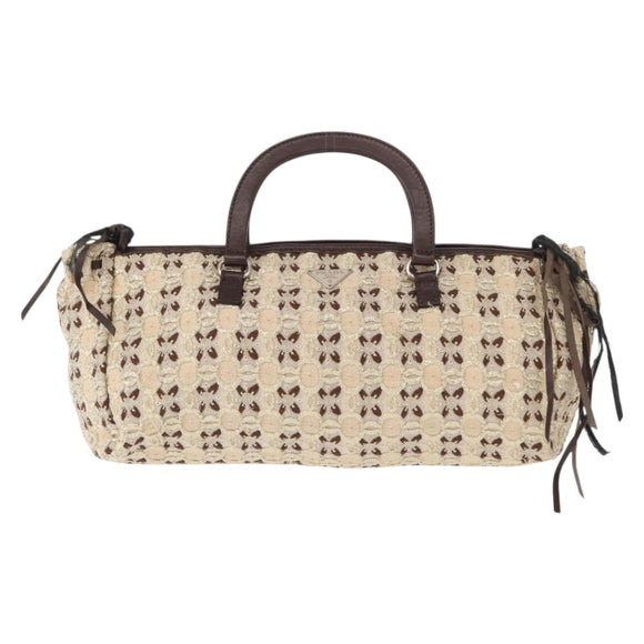PRADA Bow Crockett Hand Bag Canvas Beige Gold Auth ka121