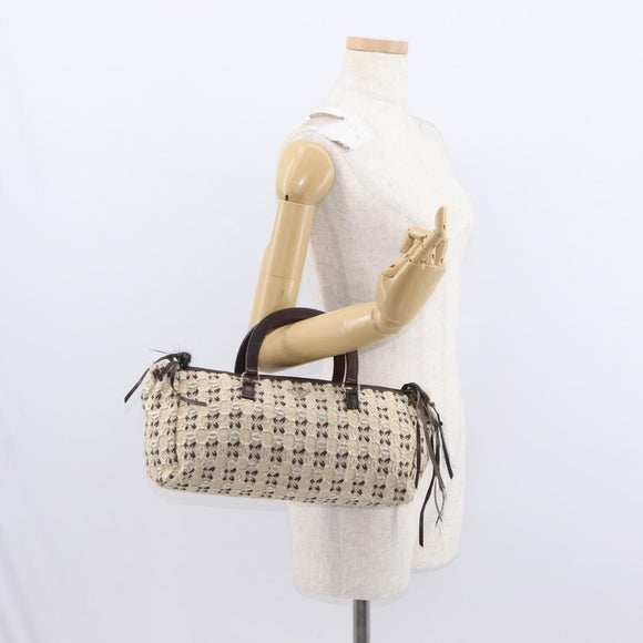 PRADA Bow Crockett Hand Bag Canvas Beige Gold Auth ka121