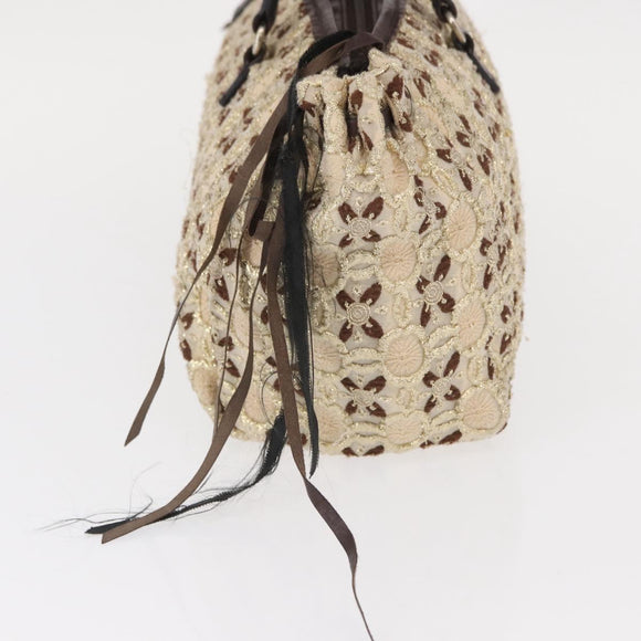 PRADA Bow Crockett Hand Bag Canvas Beige Gold Auth ka121