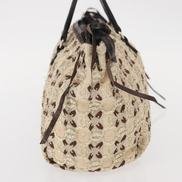 PRADA Bow Crockett Hand Bag Canvas Beige Gold Auth ka121