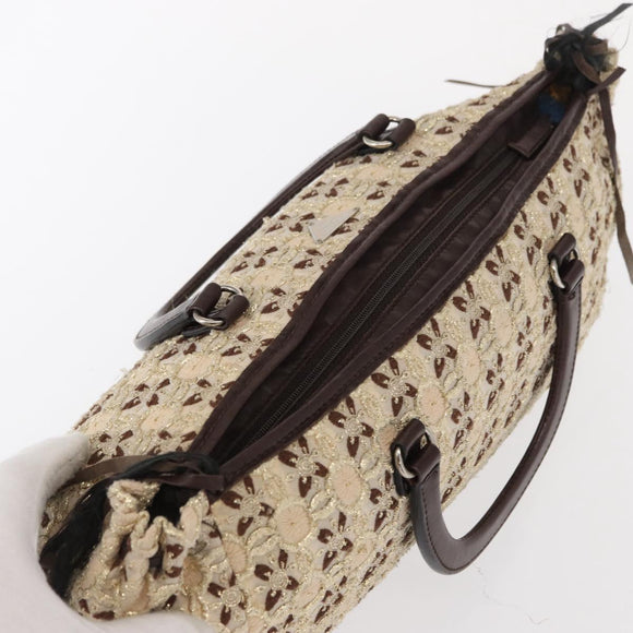 PRADA Bow Crockett Hand Bag Canvas Beige Gold Auth ka121