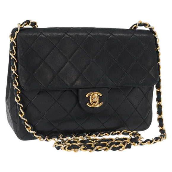CHANEL Matelasse 20 Chain Shoulder Bag Lamb Skin Black Gold CC Auth ka1223SAV