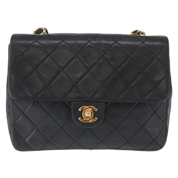 CHANEL Matelasse 20 Chain Shoulder Bag Lamb Skin Black Gold CC Auth ka1223SAV