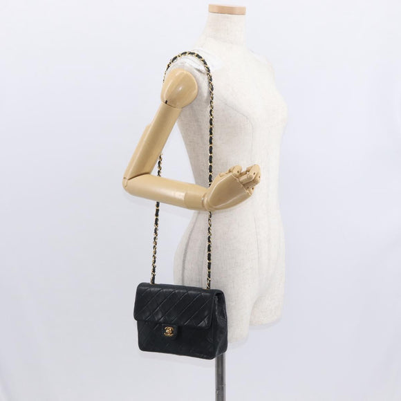 CHANEL Matelasse 20 Chain Shoulder Bag Lamb Skin Black Gold CC Auth ka1223SAV
