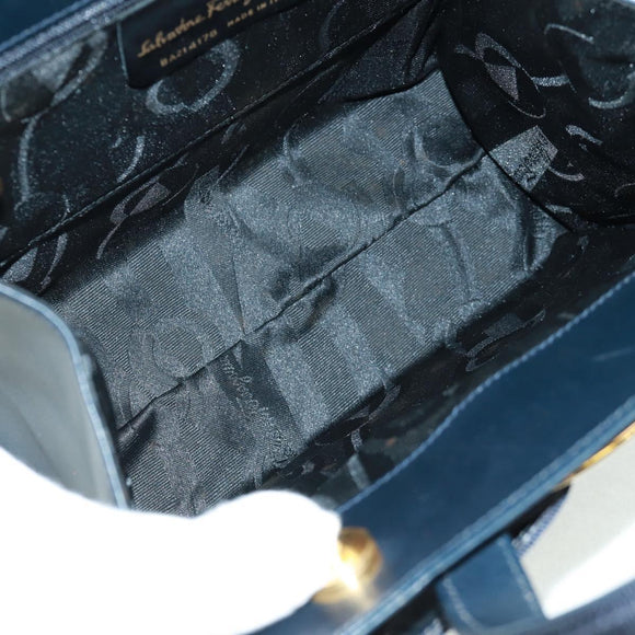 Salvatore Ferragamo Vala Hand Bag Leather 2way Navy Gold Auth ka1224