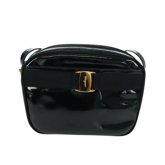 Salvatore Ferragamo Shoulder Bag Patent leather Black Gold Auth ka1226