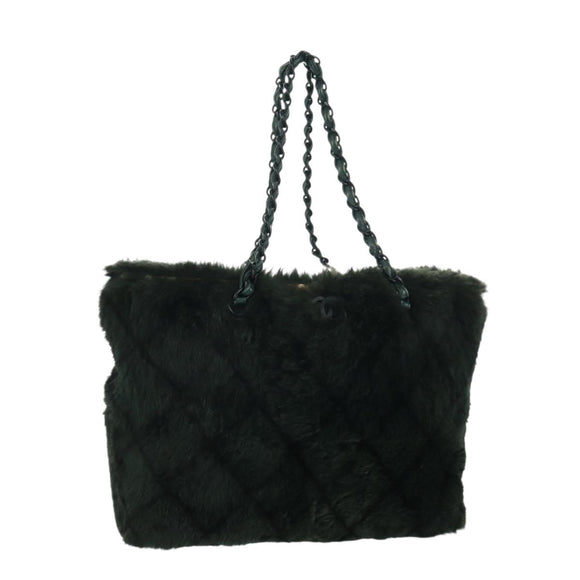 CHANEL Chain Tote Bag Leather Fur Green CC Auth ka1228