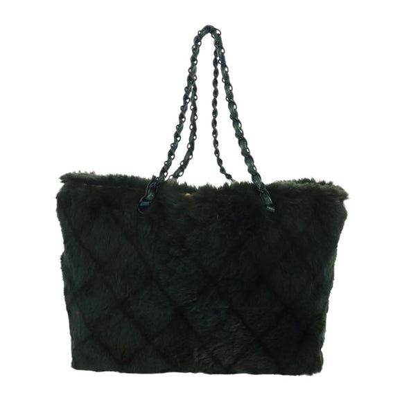 CHANEL Chain Tote Bag Leather Fur Green CC Auth ka1228