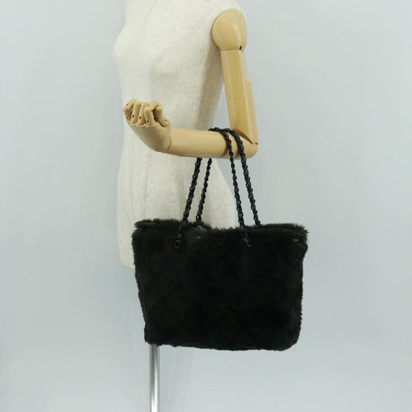 CHANEL Chain Tote Bag Leather Fur Green CC Auth ka1228
