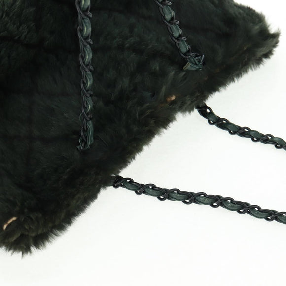 CHANEL Chain Tote Bag Leather Fur Green CC Auth ka1228