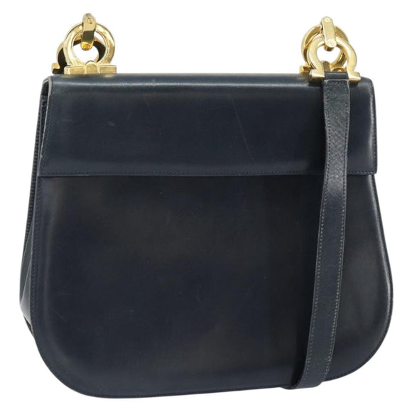 Salvatore Ferragamo Shoulder Bag Leather Navy Gold Auth ka1235