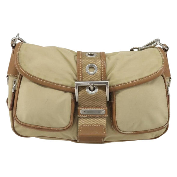 PRADA Shoulder Bag Nylon Beige Silver Auth ka1242