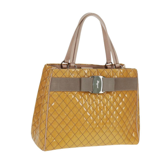 Salvatore Ferragamo Hand Bag Patent leather Yellow Silver Auth ka1247