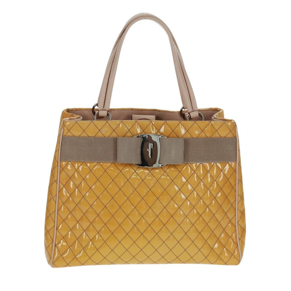 Salvatore Ferragamo Hand Bag Patent leather Yellow Silver Auth ka1247
